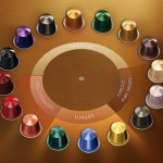 Imagem das capsulas de café nespresso, dispostas em forma circular. São 16 capsulas de cores diferentes, agrupadas por tipo de café: espresso, longo, descafeinado e de origem